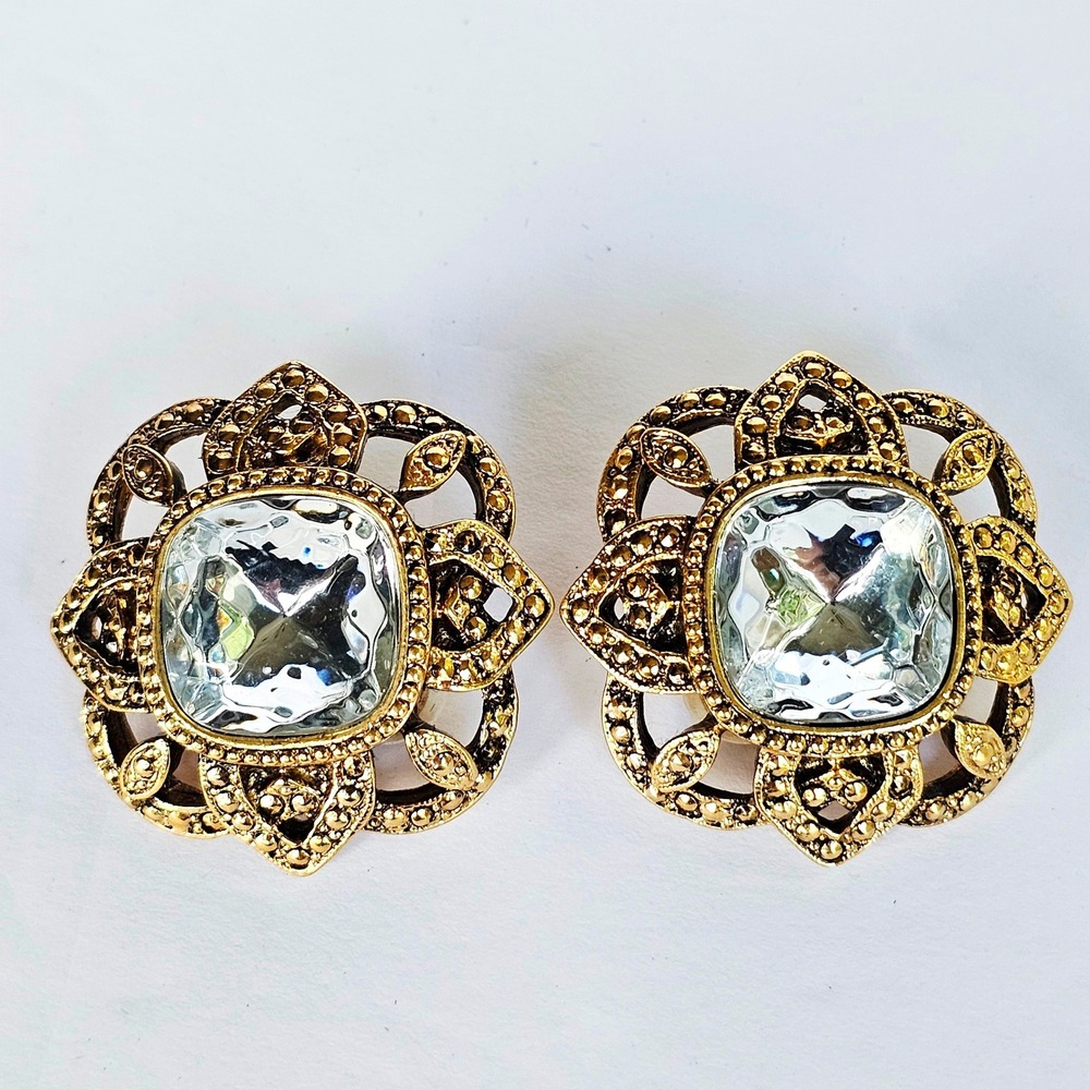 Vtg Palace Clip On Earrings‎ Gold Tone Crystal Filigree Statement Regal Baroque